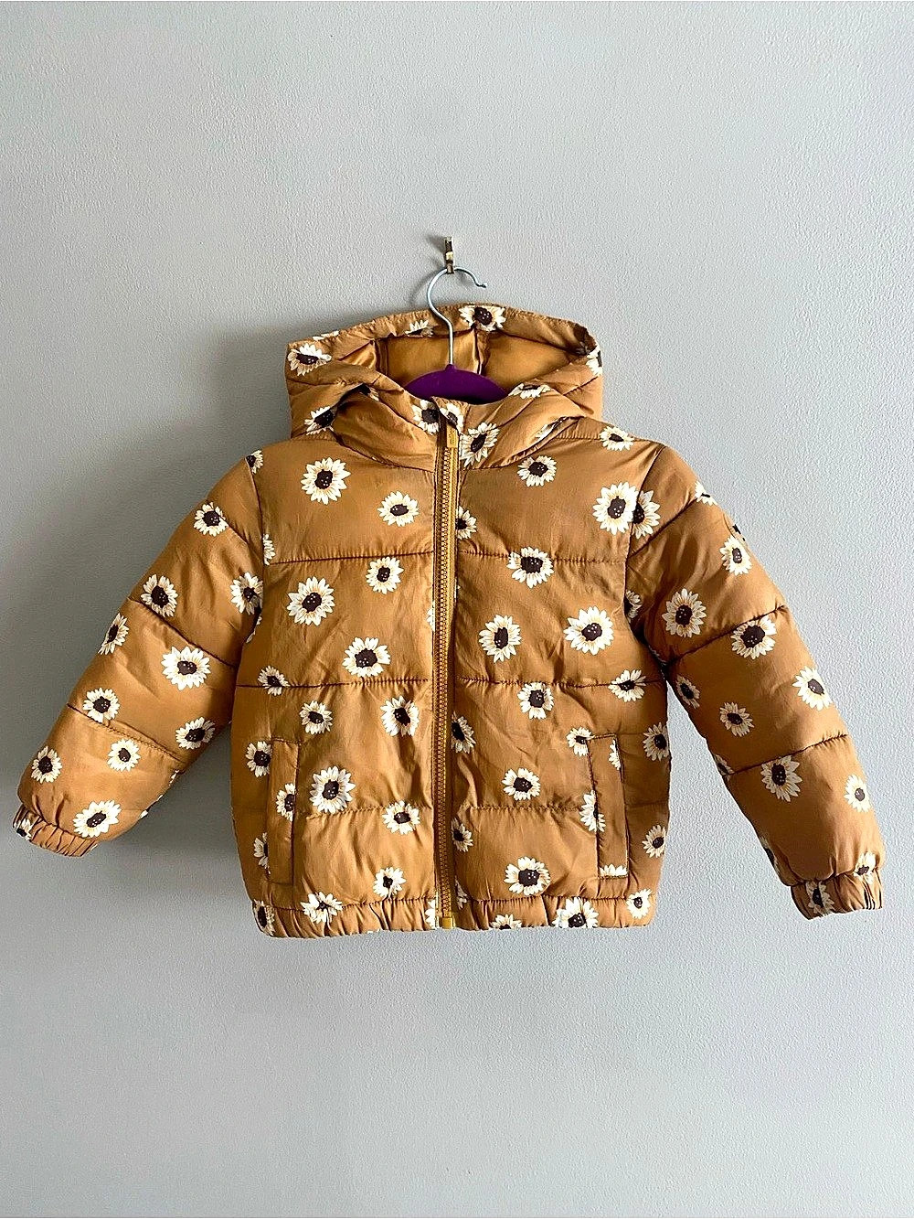little miles Floral Puffer Jacket Mustard Brown Girls 3Y